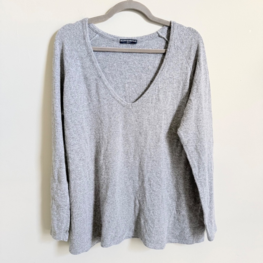Brandy Melville Grey Wool Blend V-Neck Sweater Oversized Italy One Size
